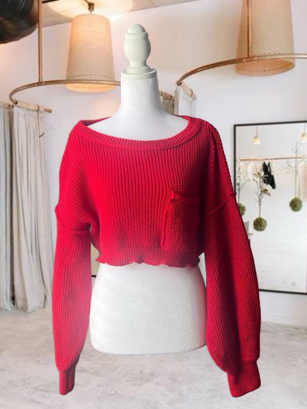 Red Cropped Knit Sweater - Women